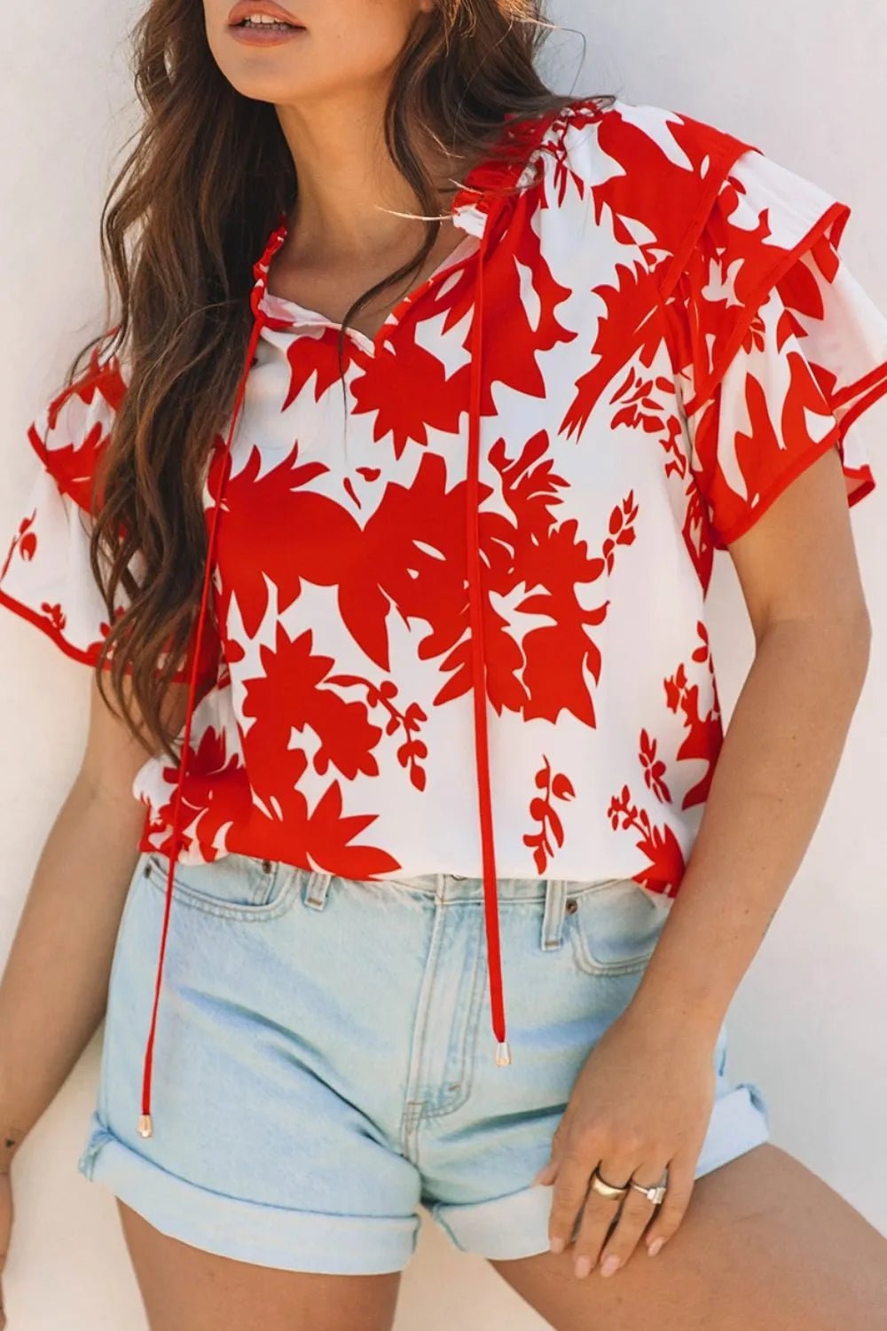 Plant Print Tiered Ruffled Sleeve Tie Neck Blouse – Red for Shopify Collective (5 view)