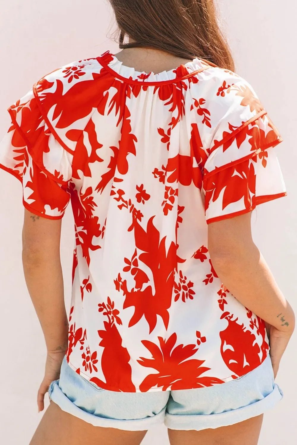 Plant Print Tiered Ruffled Sleeve Tie Neck Blouse – Red for Shopify Collective (3 view)