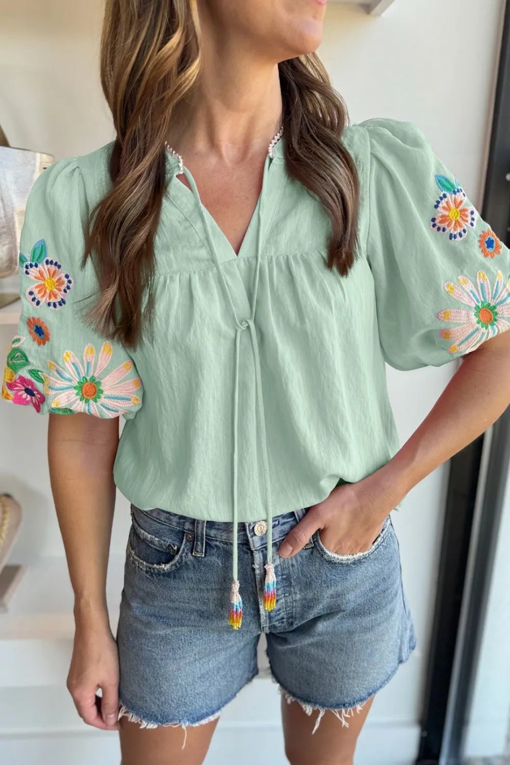 Embroidered Tie Neck Short Sleeve Blouse – Light Green for Shopify Collective (4 view)