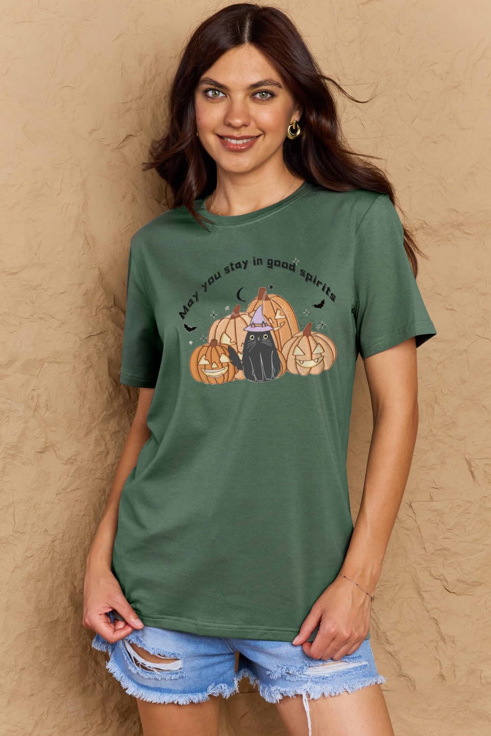 Simply Love Full Size MAY YOU STAY IN GOOD SPIRITS Graphic Cotton T-Shirt – Green Women's Top for Shopify Collective (28 view)