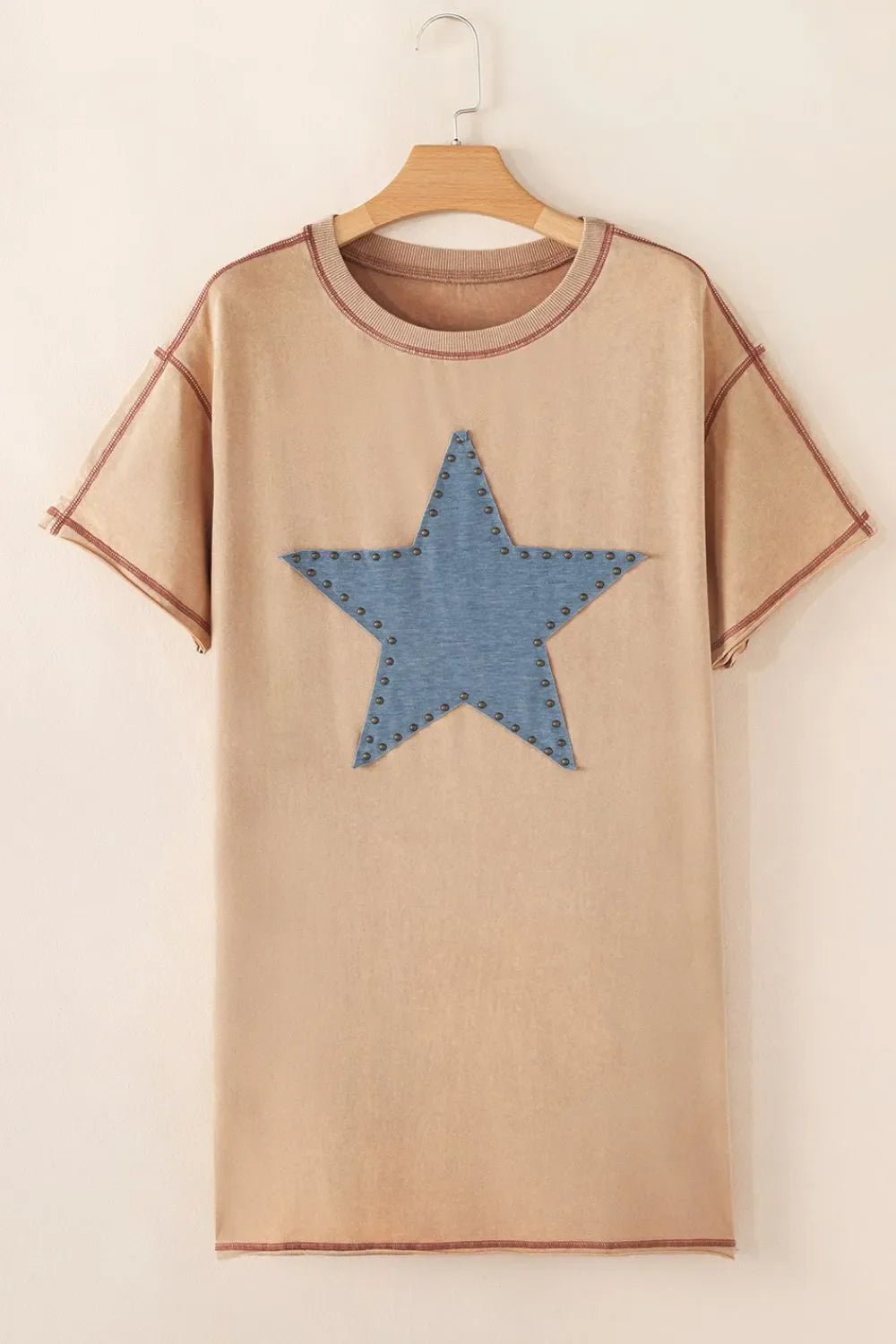 Mineral Wash Stud Beaded Star Pocketed T Shirt Dress – Khaki by Simply Love