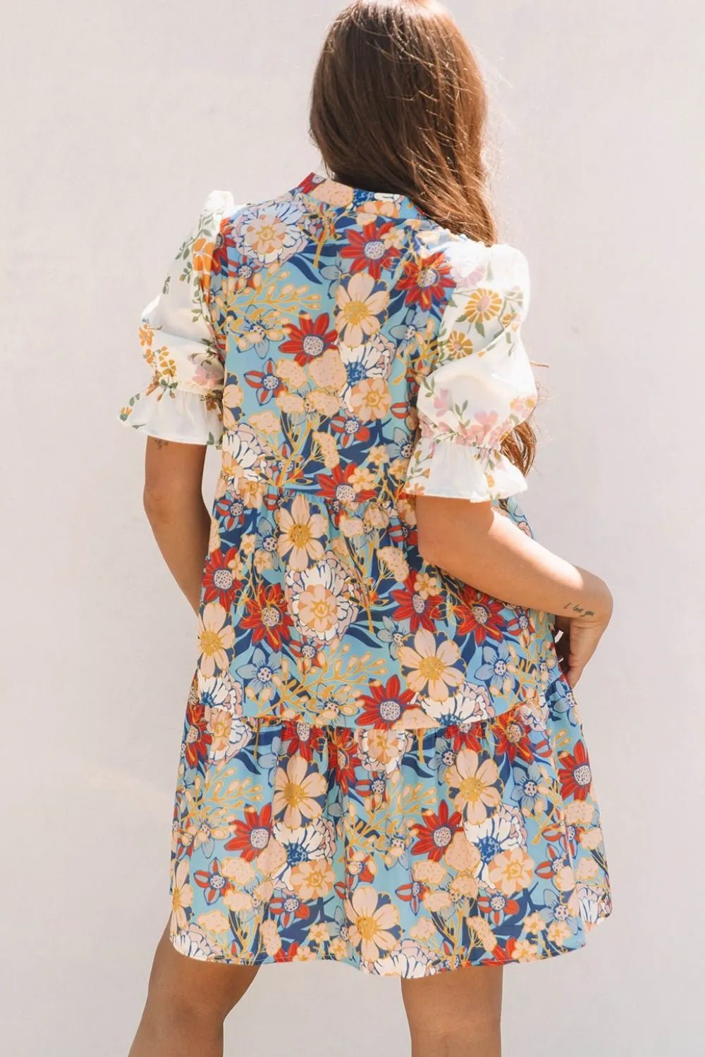 Printed Notched Flounce Sleeve Mini Dress – Floral for Shopify Collective (3 view)