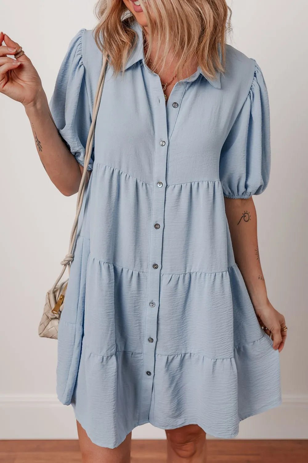 Button Up Puff Sleeve Tiered Shirt Dress – Light Blue by Simply Love
