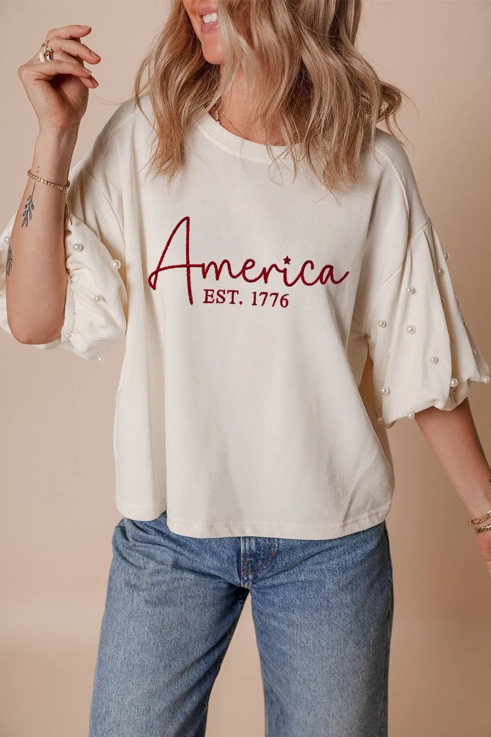 AMERICA EST 1776 Embroidered Pearl Beaded Sleeve T Shirt – White for Shopify Collective (3 view)