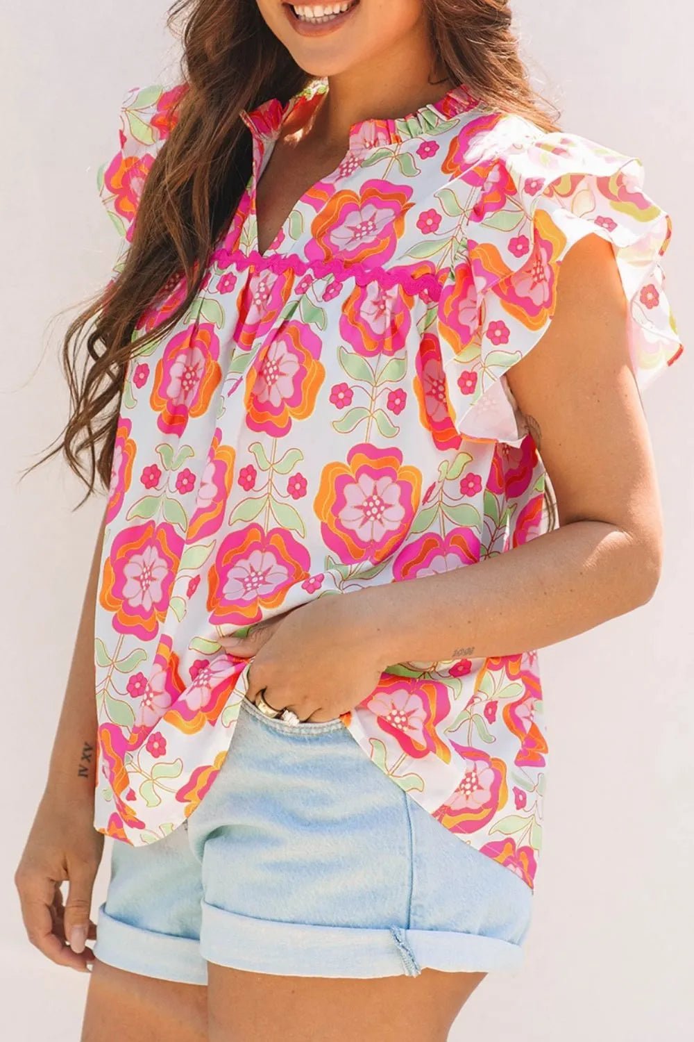 Floral Ruffled Sleeve Ric - Rac Trim Split Neck Loose Blouse – Floral by Simply Love