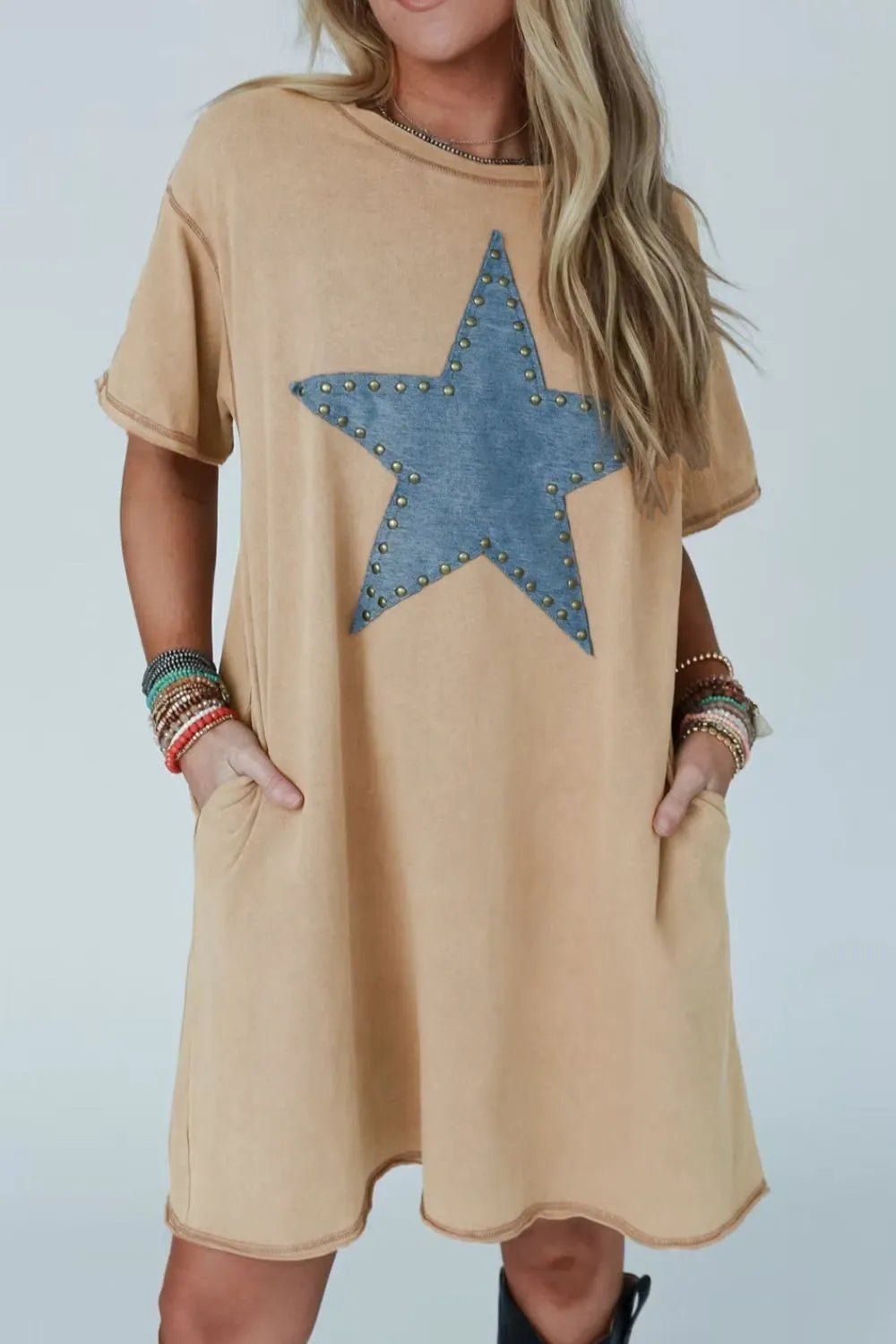 Mineral Wash Stud Beaded Star Pocketed T Shirt Dress – Khaki by Simply Love