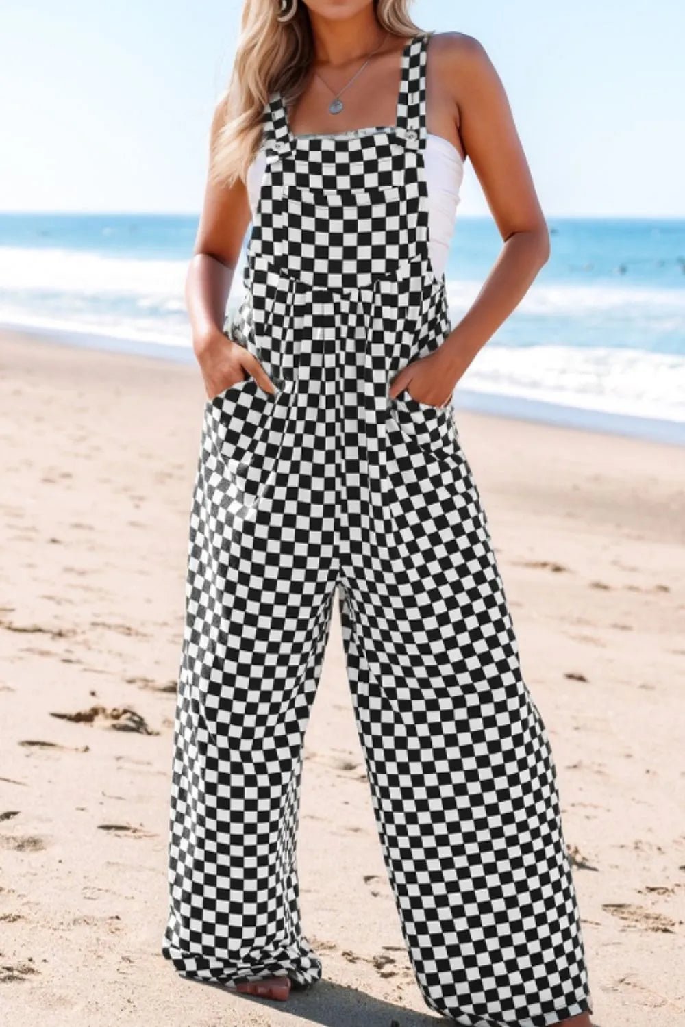 Checkered Print Pocketed Wide Leg Jumpsuit – Black for Shopify Collective (2 view)