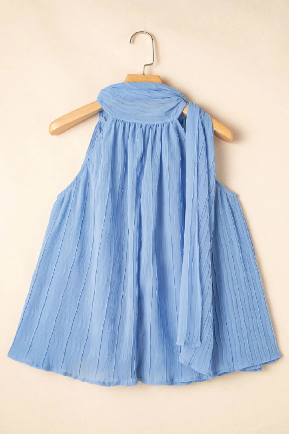 Textured Pleated Tied Mock Neck Flowy Tank Top – Dusty Blue for Shopify Collective (7 view)