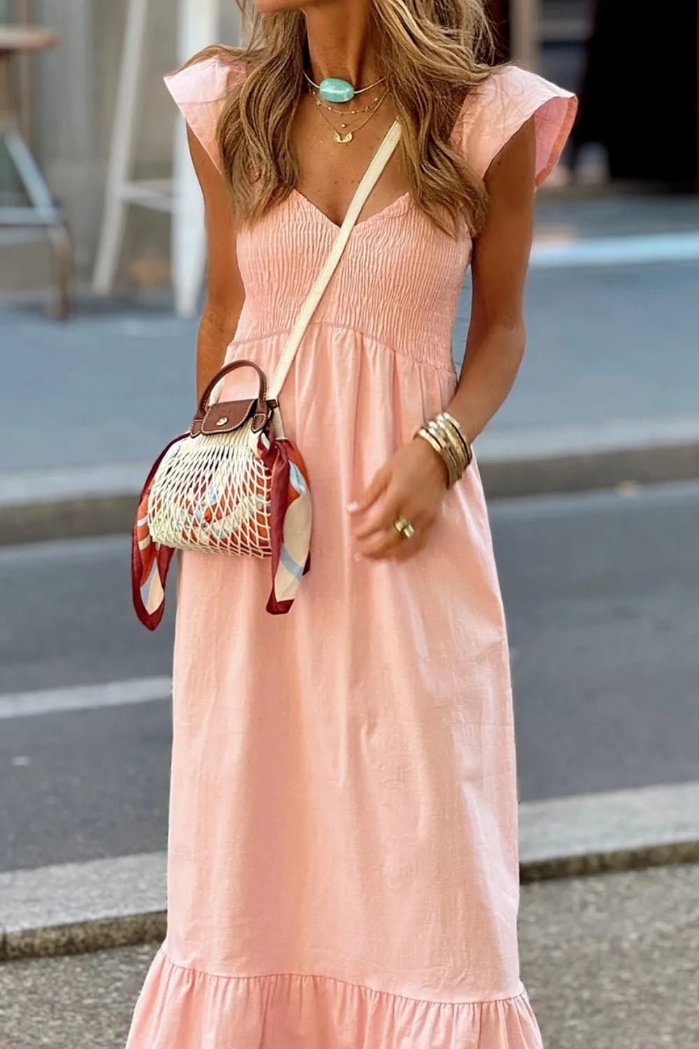 V Neck Ruffled Cap Sleeve Smocked Maxi Dress – Watermelon pink for Shopify Collective (12 view)