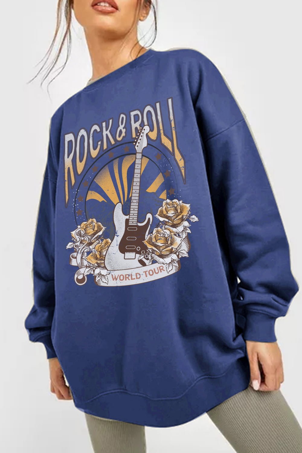 Simply Love Full Size ROCK & ROLL WORLD TOUR Graphic Sweatshirt – Royal Blue Sweatshirts for Shopify Collective (1 view)