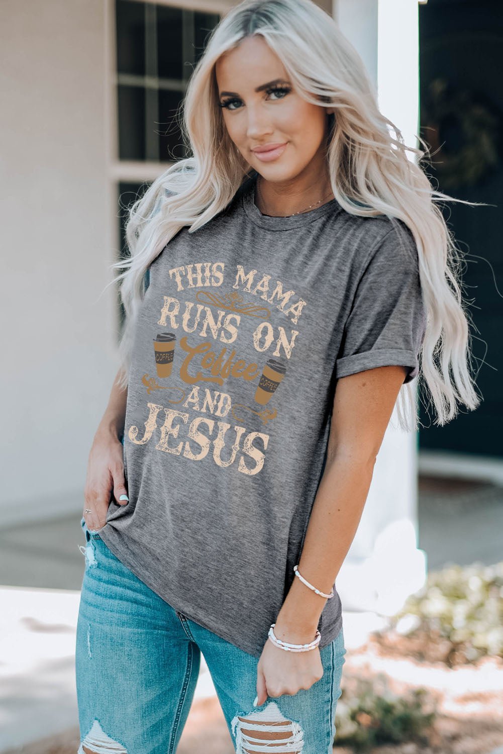 Slogan Graphic Round Neck Tee – Mid Gray by Simply Love