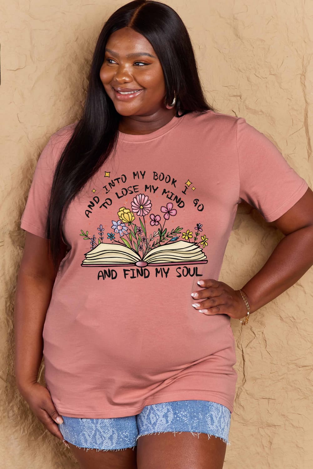 Simply Love Full Size Book & Flower Graphic Cotton Tee – Dusty Pink by Simply Love