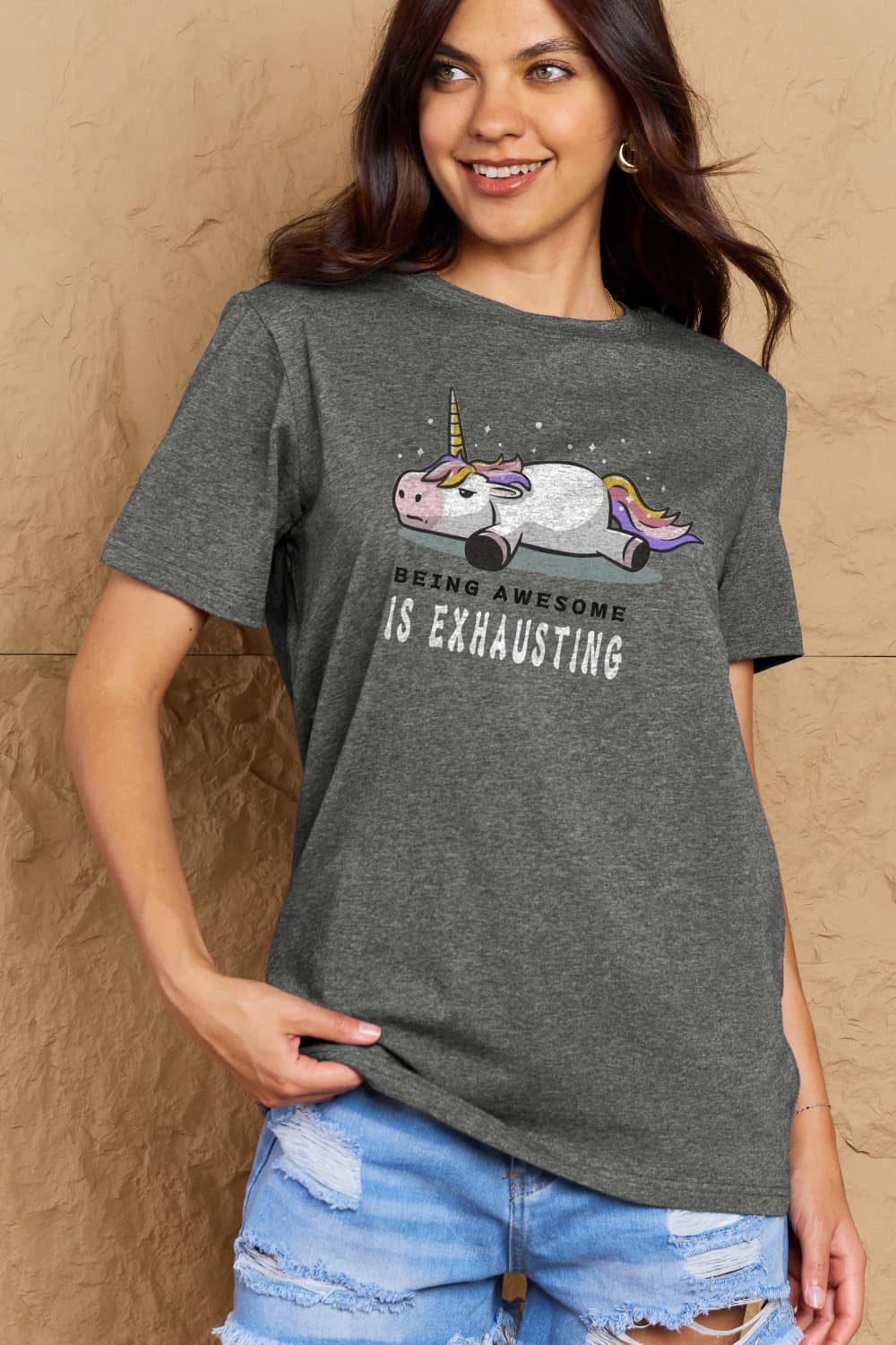 Simply Love Full Size BEING AWESOME IS EXHAUSTING Graphic Cotton Tee – Charcoal Women's Top for Shopify Collective (13 view)