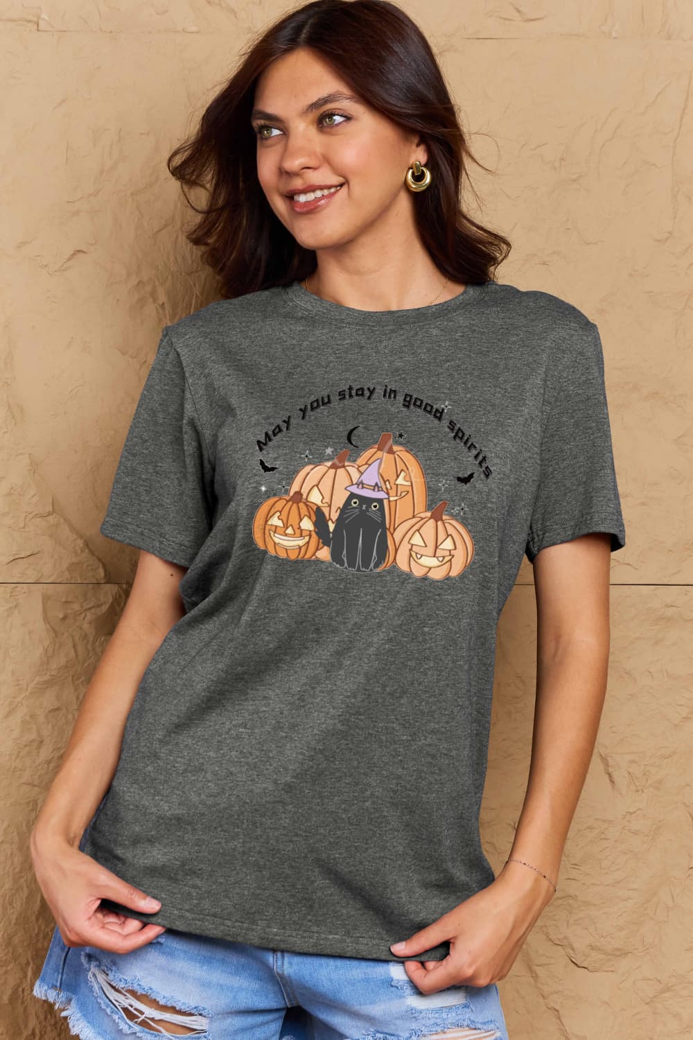 Simply Love Full Size MAY YOU STAY IN GOOD SPIRITS Graphic Cotton T-Shirt – Charcoal Women's Top for Shopify Collective (5 view)