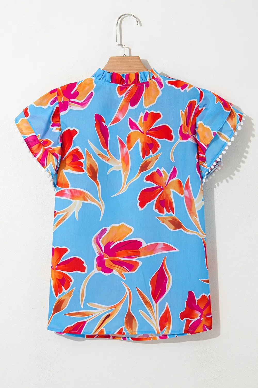 Floral Print Notched Pompom Trim Flutter Sleeve Blouse – Sky Blue for Shopify Collective (4 view)