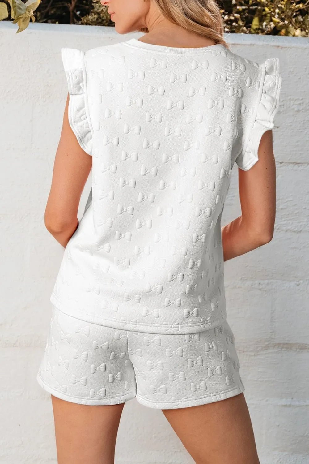Bow Texture Round Neck Top and Shorts Set – White by Simply Love