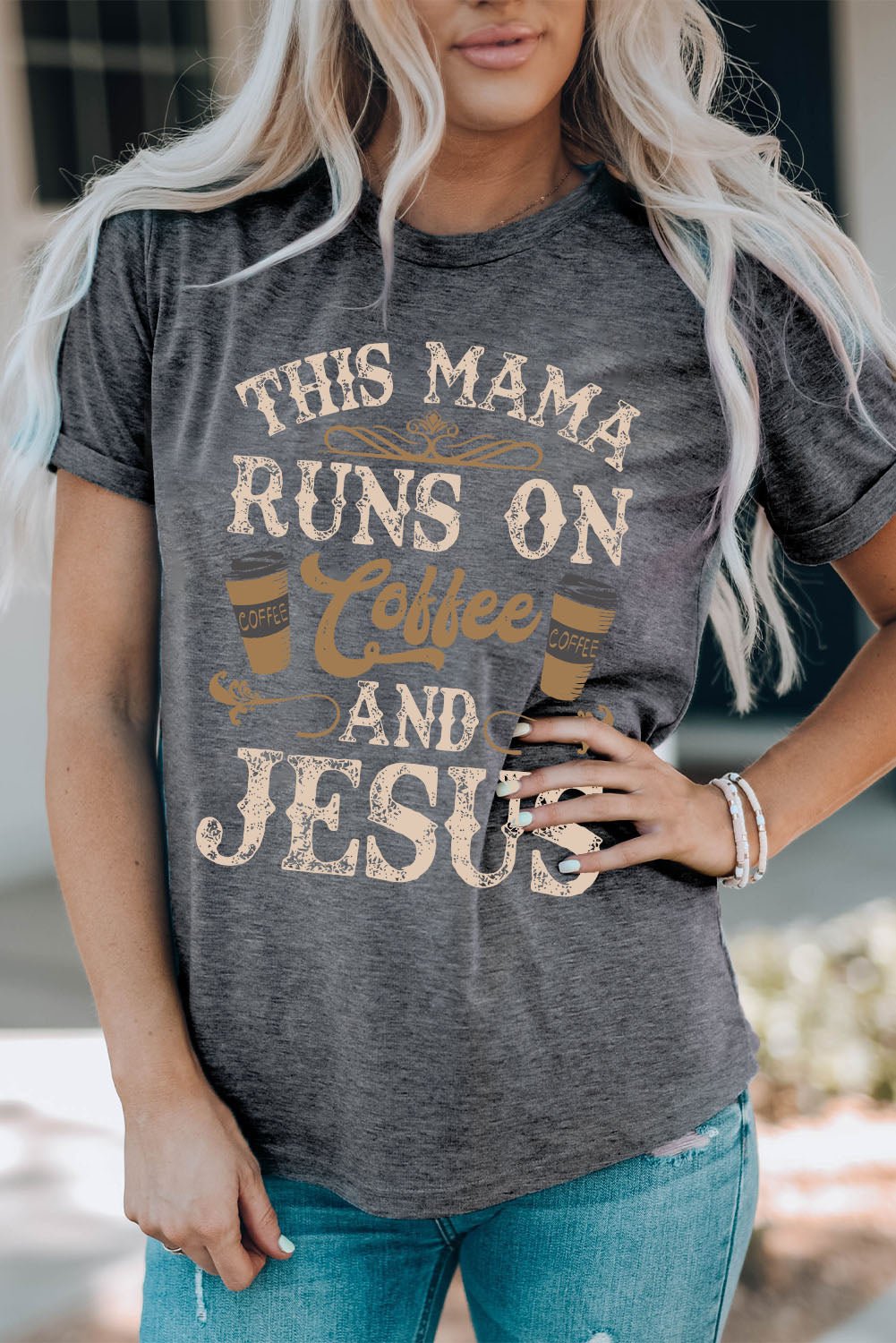 Slogan Graphic Round Neck Tee – Mid Gray by Simply Love