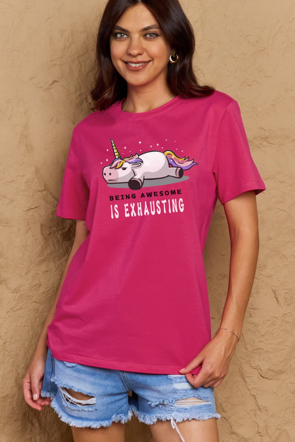 Simply Love Full Size BEING AWESOME IS EXHAUSTING Graphic Cotton Tee – Deep Rose Women's Top for Shopify Collective (1 view)