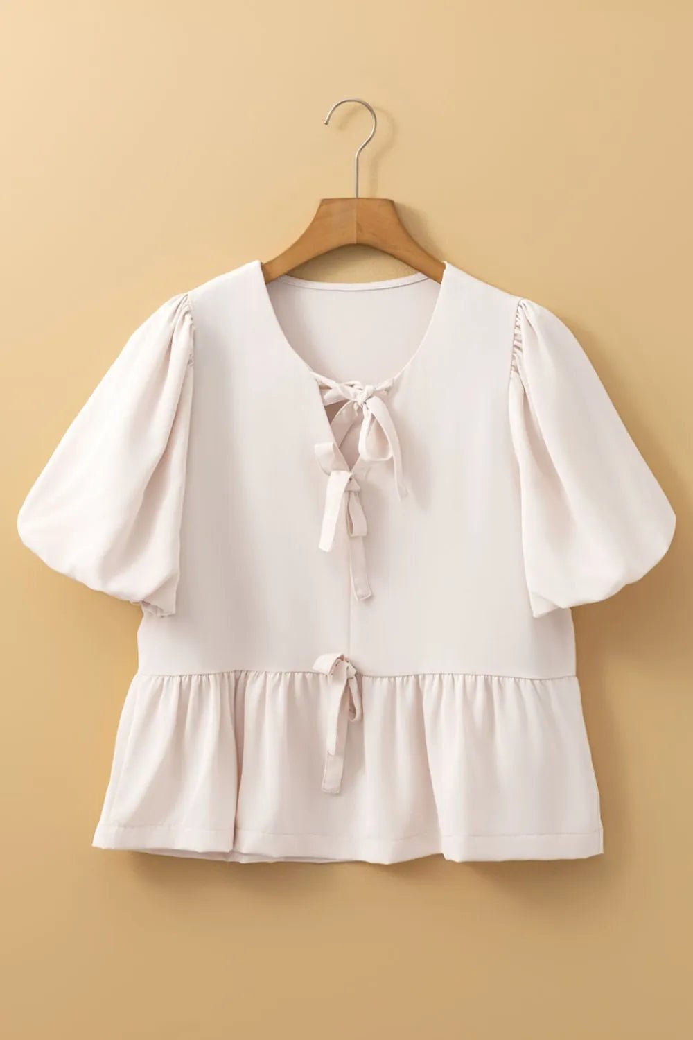 Bow Tie Short Puff Sleeve Ruffle Hem Blouse – Eggshell for Shopify Collective (4 view)