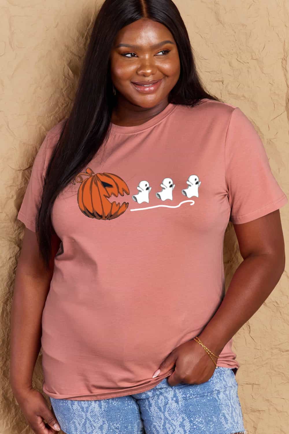 Simply Love Full Size Jack - O' - Lantern Graphic Cotton Tee – Dusty Pink Women's Top for Shopify Collective (11 view)
