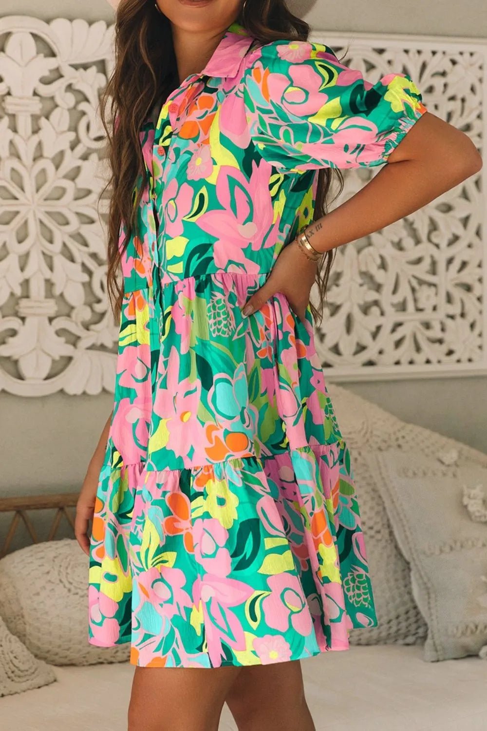 Button Down Floral Puff Sleeve Babydoll Dress – Green for Shopify Collective (9 view)
