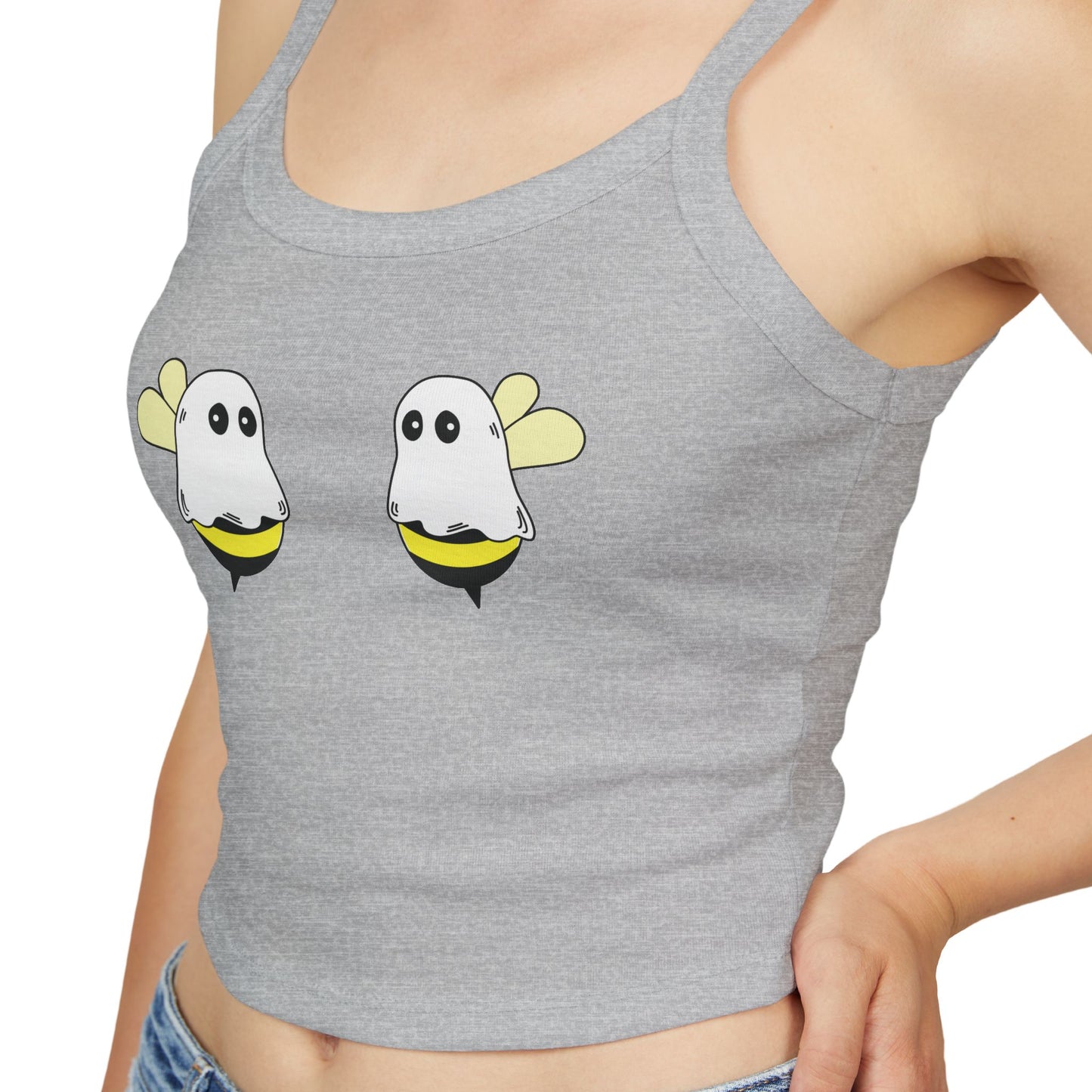 Gray tank top with cartoon ghost design on a white background