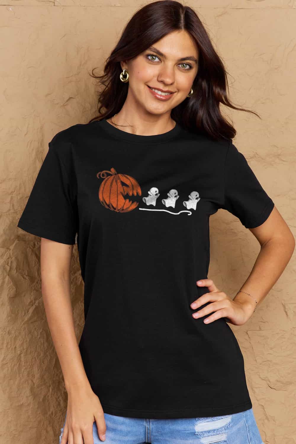 Simply Love Full Size Jack - O' - Lantern Graphic Cotton Tee – Black Women's Top for Shopify Collective (13 view)