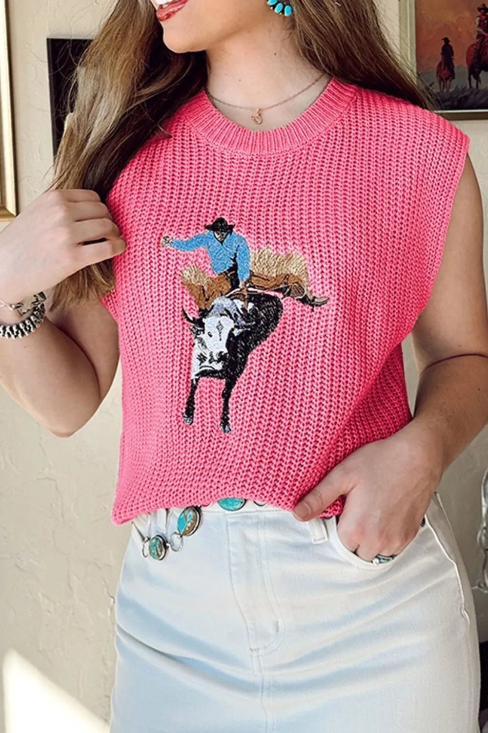 Graphic Round Neck Sweater Vest – Hot Pink for Shopify Collective (3 view)