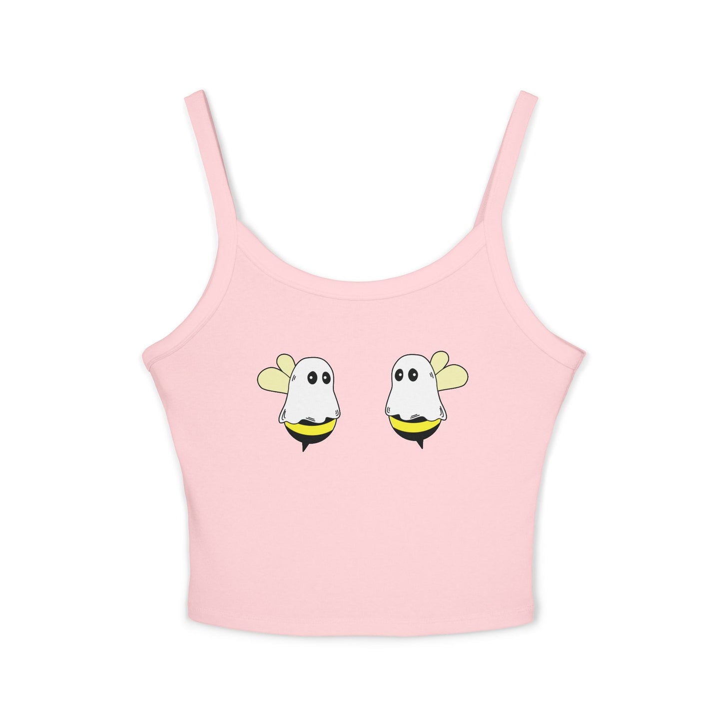 Pink crop top with ghost design on a white background