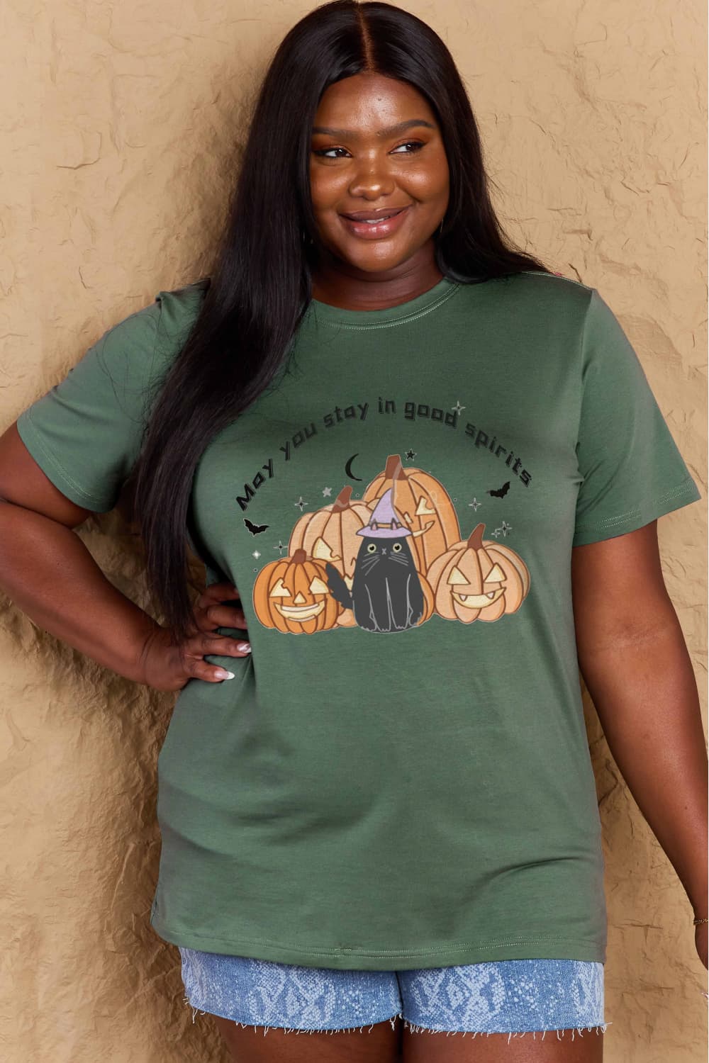 Simply Love Full Size MAY YOU STAY IN GOOD SPIRITS Graphic Cotton T-Shirt – Green Women's Top for Shopify Collective (25 view)