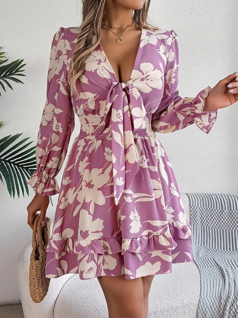 Tied Ruffled Printed Long Sleeve Dress – Lilac Women's Top for Shopify Collective (1 view)