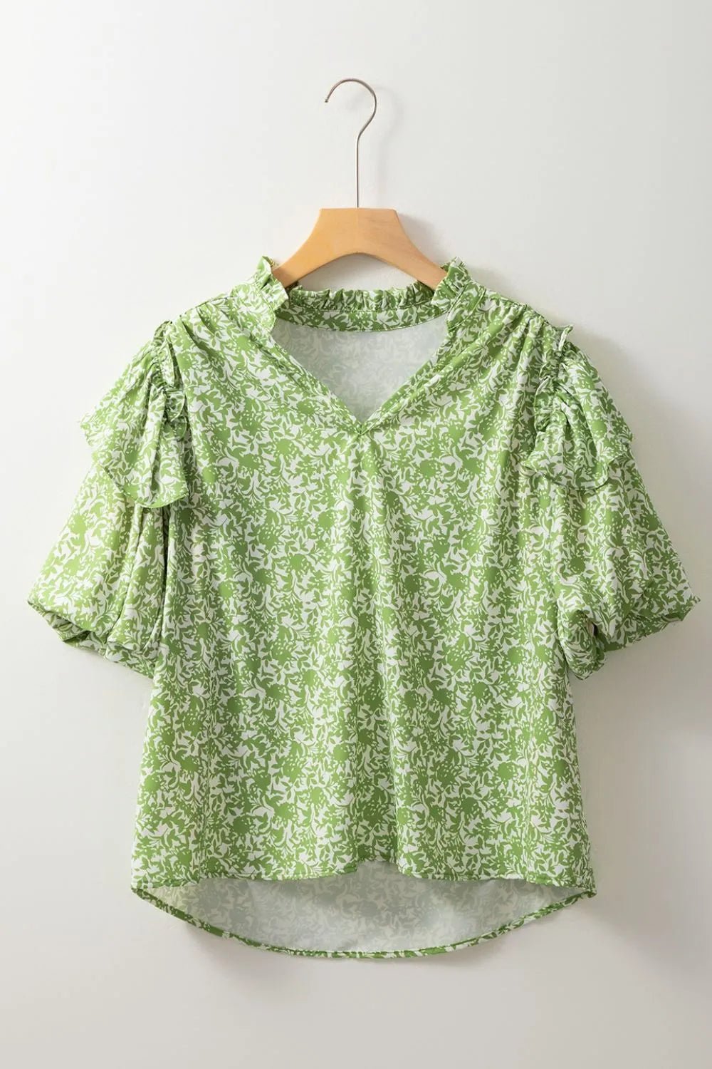 Floral Ruffle Puff Short Sleeve Frilled Notched Blouse – Light Green for Shopify Collective (5 view)