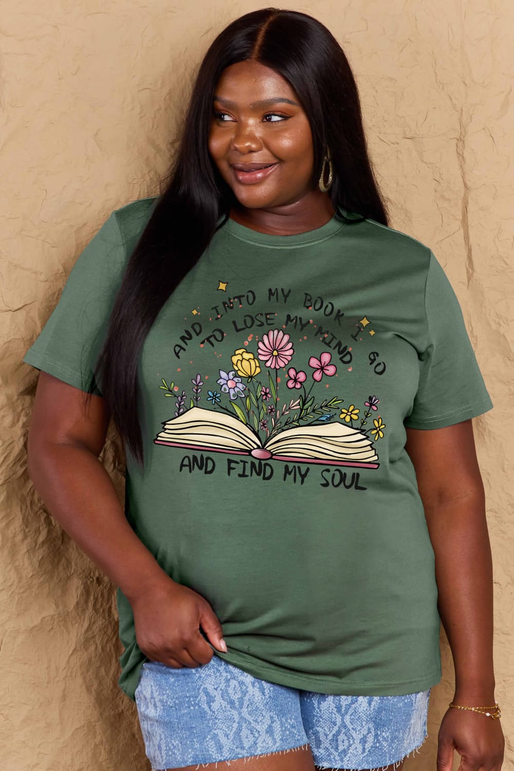 Simply Love Full Size Book & Flower Graphic Cotton Tee – Green by Simply Love