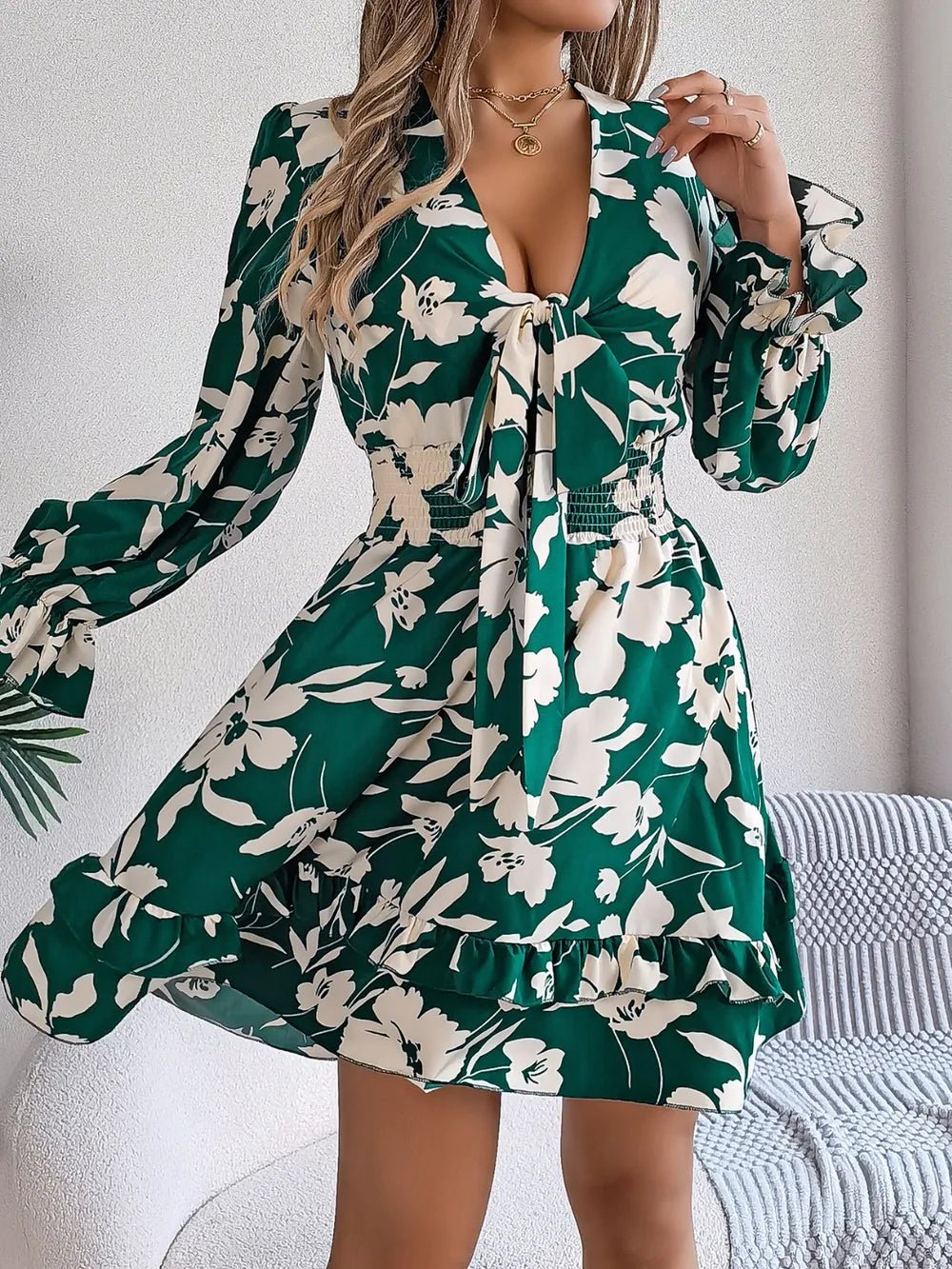 Tied Ruffled Printed Long Sleeve Dress – Dark Green Women's Top for Shopify Collective (9 view)