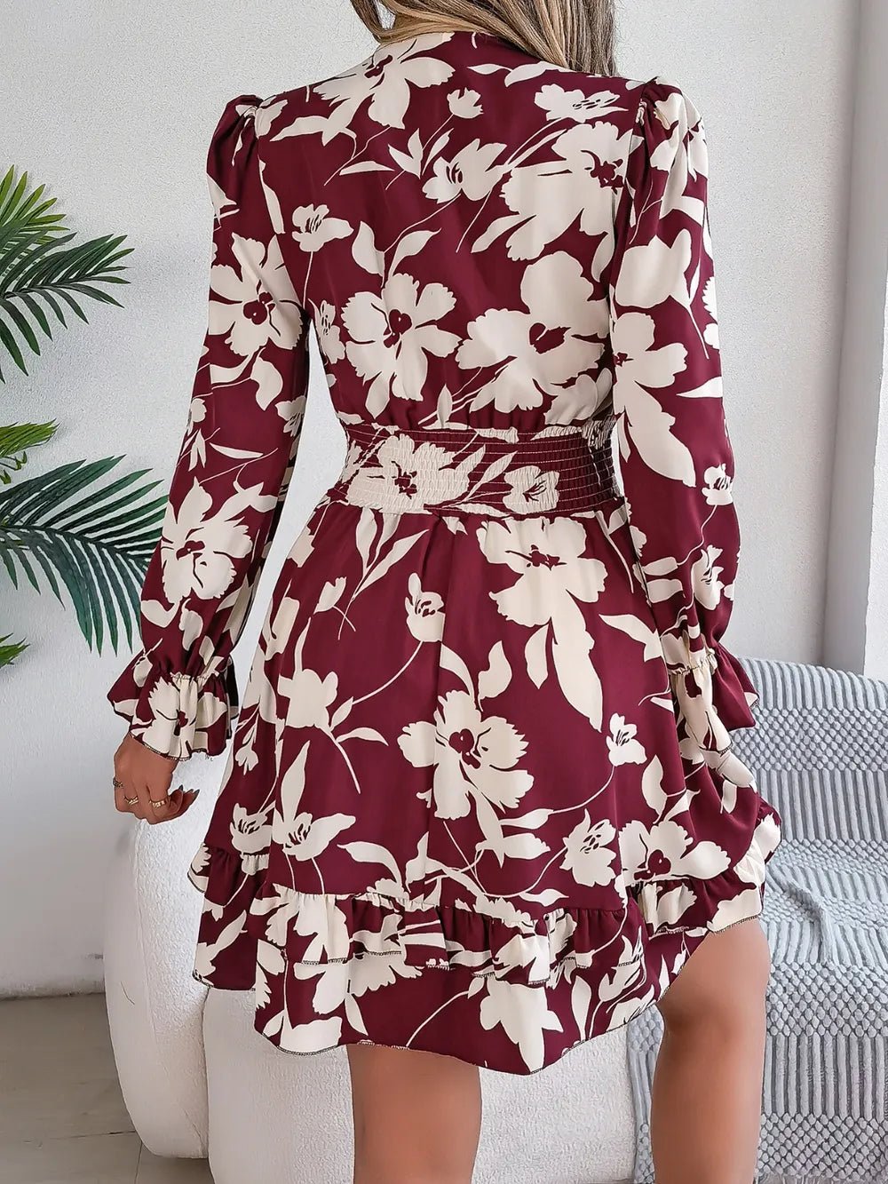 Tied Ruffled Printed Long Sleeve Dress – Burgundy Women's Top for Shopify Collective (7 view)