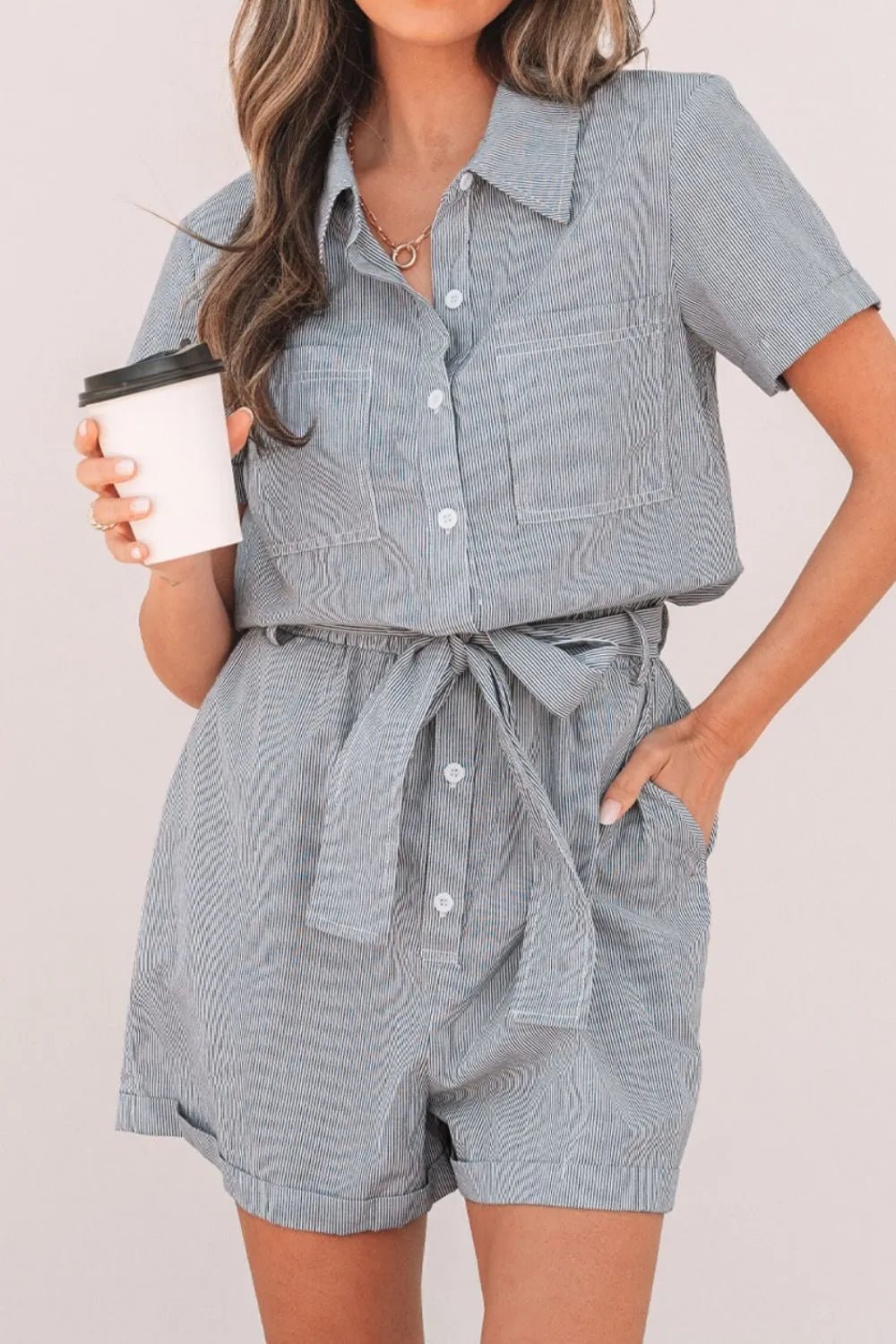 Stripe Chest Pockets Tie Waist Romper – Stripe for Shopify Collective (4 view)