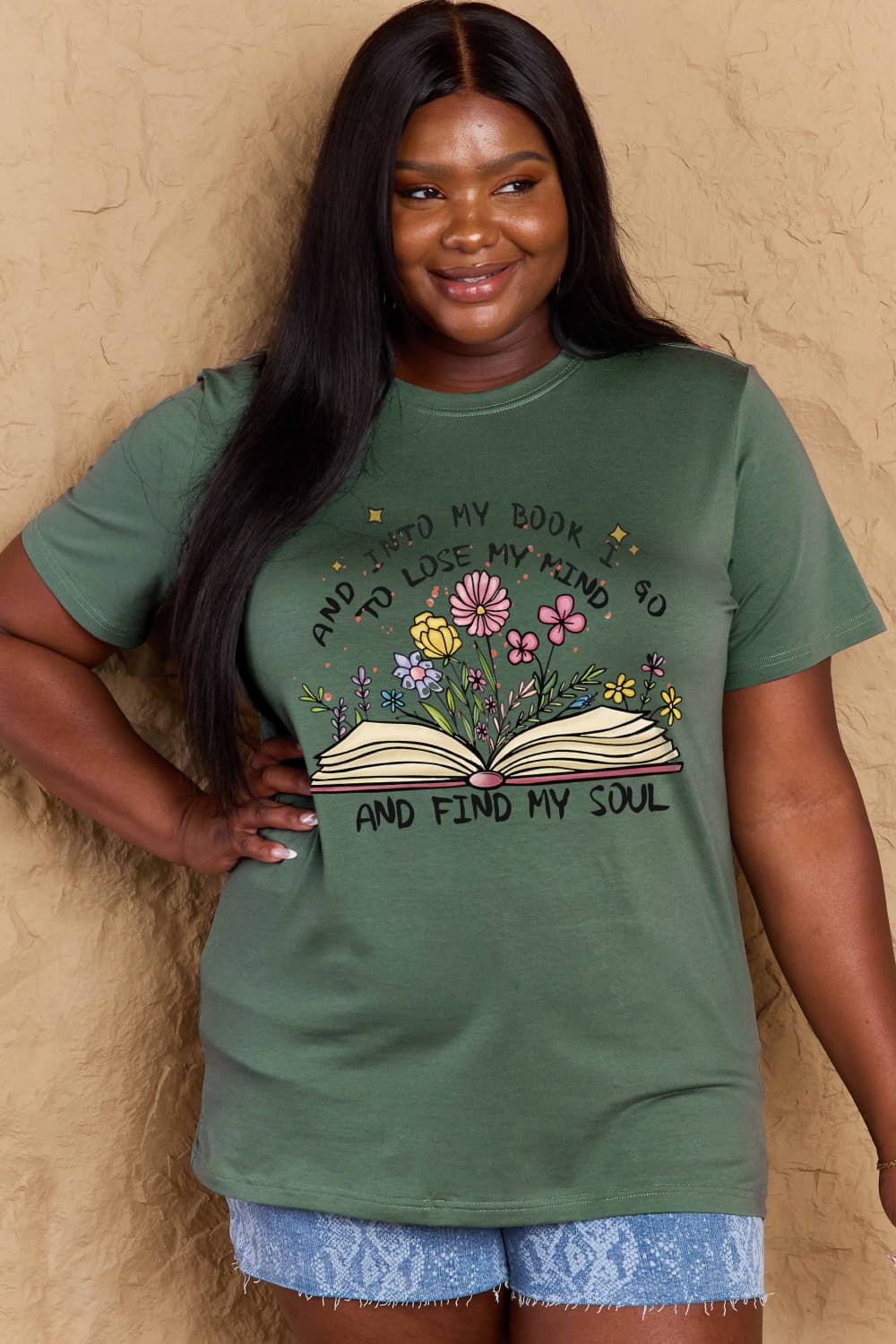 Simply Love Full Size Book & Flower Graphic Cotton Tee – Green by Simply Love