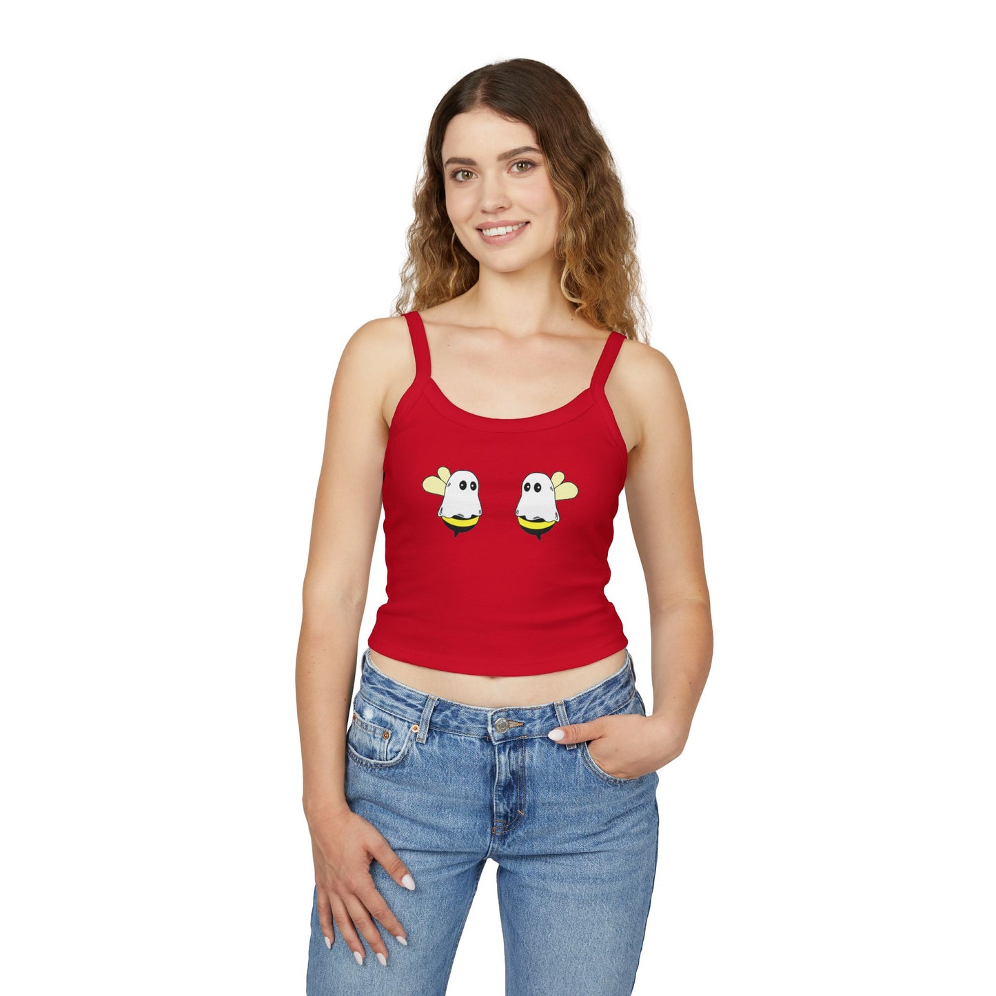 Woman wearing a red tank top with cartoon ghost designs on a white background