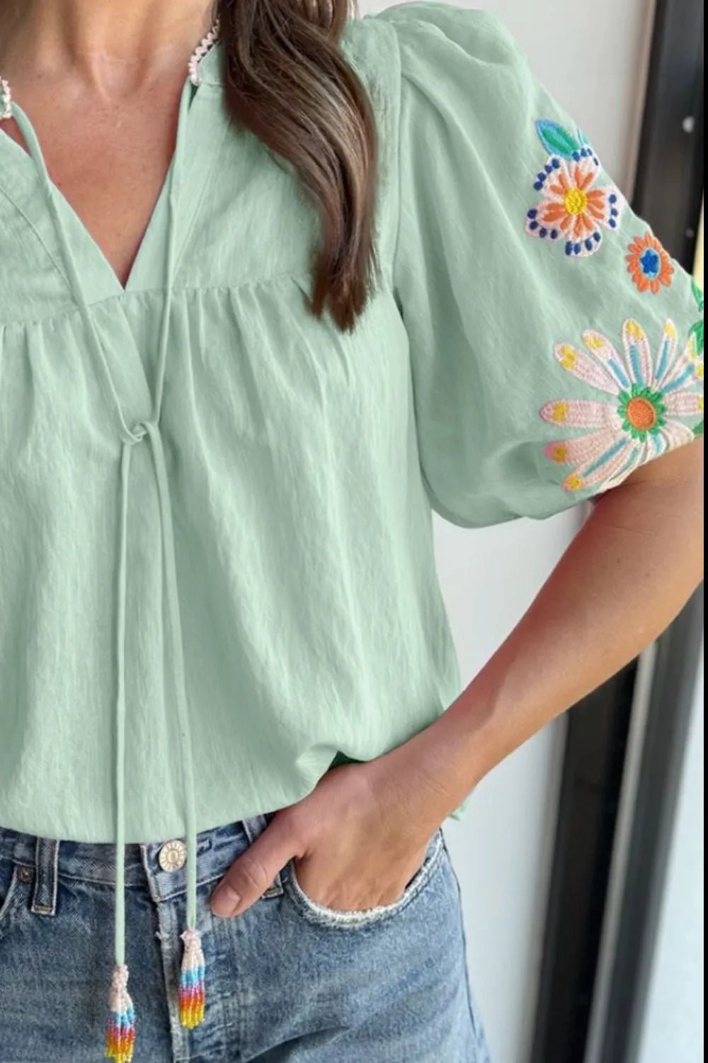 Embroidered Tie Neck Short Sleeve Blouse – Light Green for Shopify Collective (6 view)