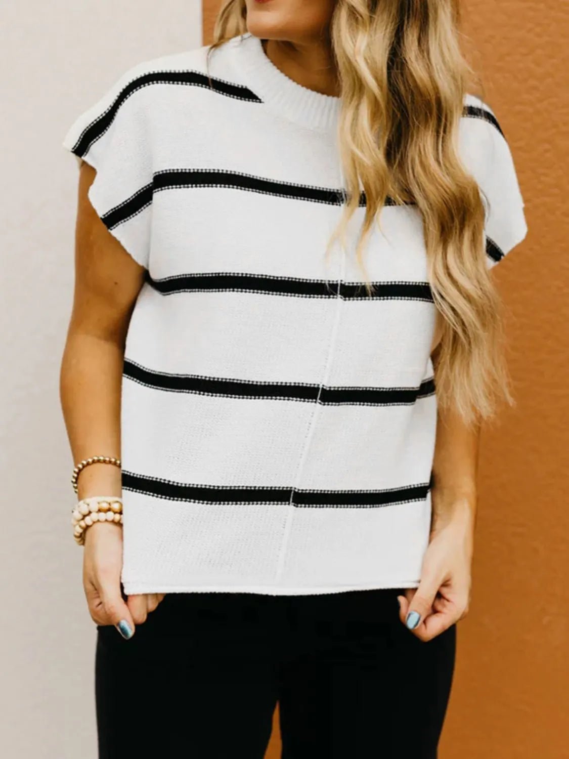 Striped Batwing Sleeve Knit Top – White by Simply Love