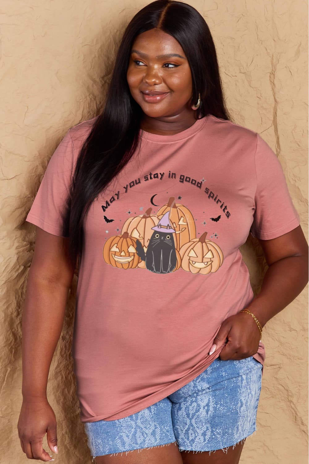 Simply Love Full Size MAY YOU STAY IN GOOD SPIRITS Graphic Cotton T-Shirt – Dusty Pink Women's Top for Shopify Collective (20 view)