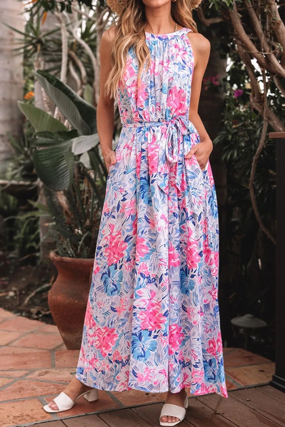 Floral Printed Sleeveless O Neck Knot Waist Dress – Floral for Shopify Collective (4 view)