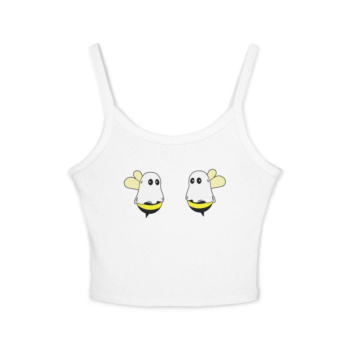 White crop top with ghost design on a white background