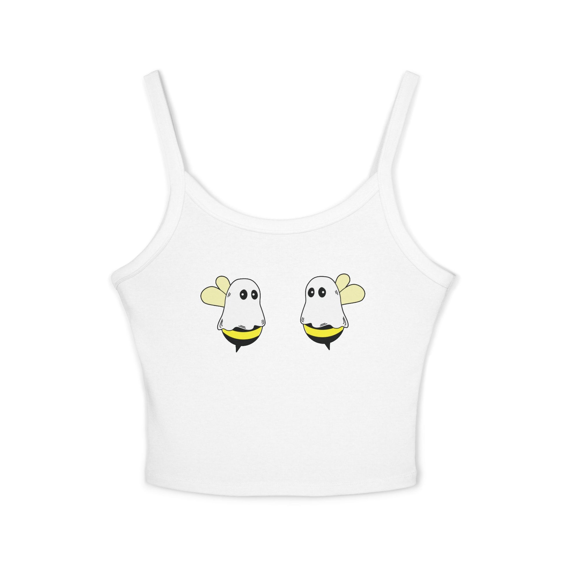 White crop top with ghost design on a white background