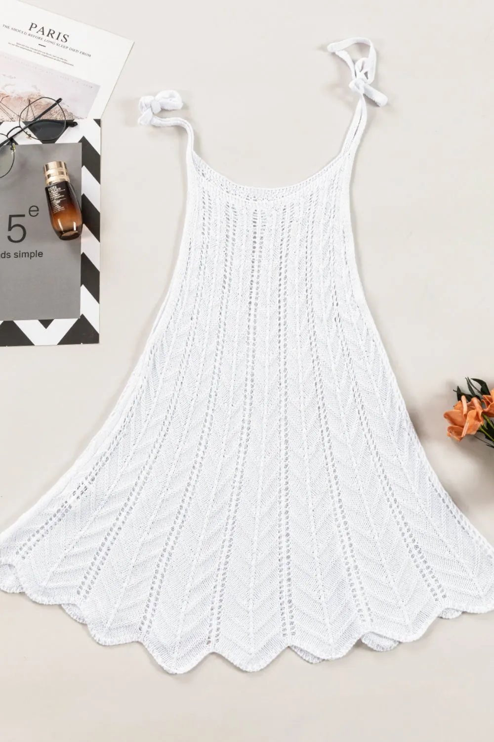 Tie Straps Wave Stripes Textured Eyelet Knitted Vest – White by Simply Love