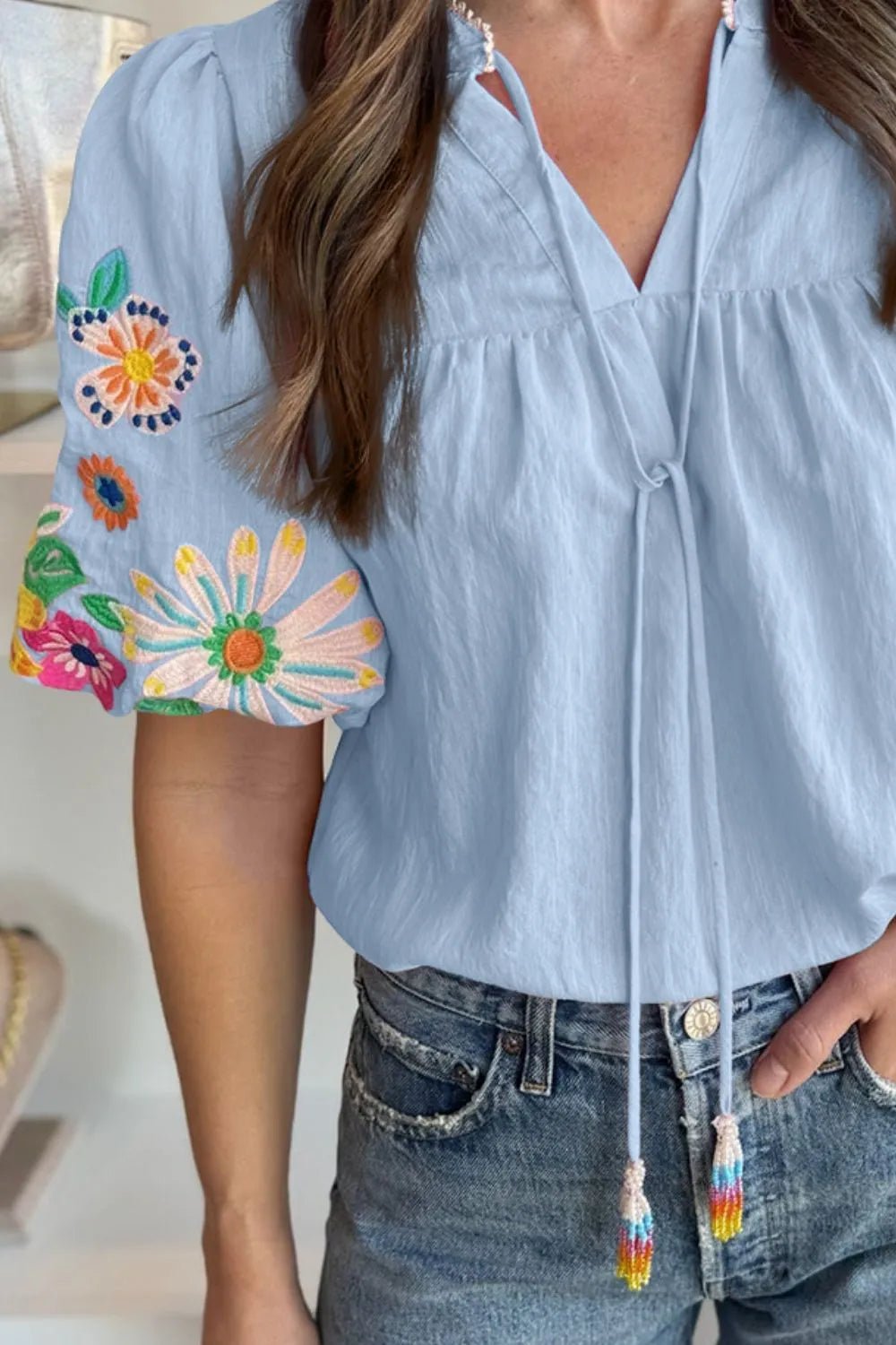Embroidered Tie Neck Short Sleeve Blouse – Light Blue for Shopify Collective (3 view)