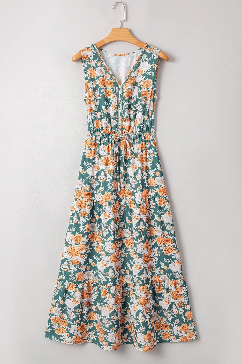 Floral Print Trimmed V Neck Tie Waist Sleeveless Dress – Floral for Shopify Collective (7 view)