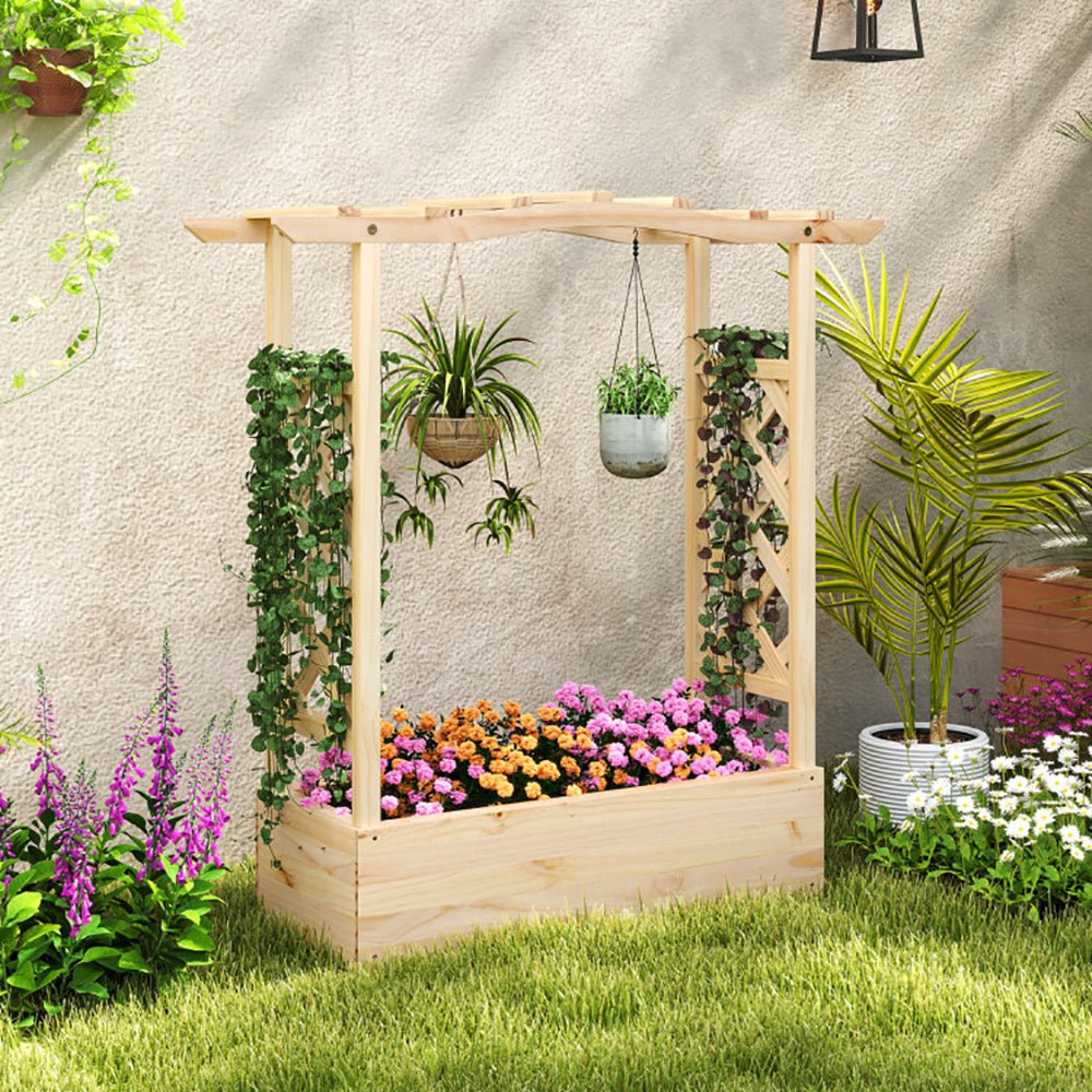 Wooden Raised Garden Bed with Trellis & Roof – Elevated Planter Box for Climbing Plants | Outdoor Garden Decor