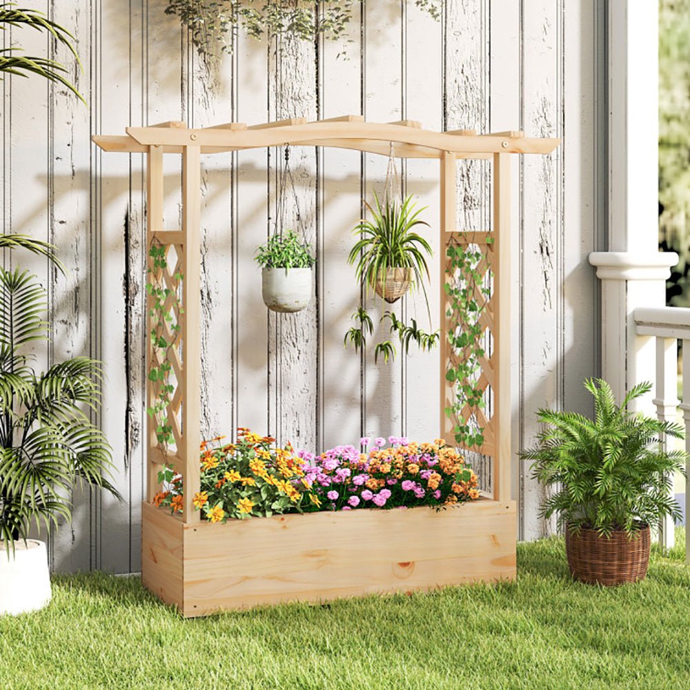 Wooden Raised Garden Bed with Trellis & Roof – Elevated Planter Box for Climbing Plants | Outdoor Garden Decor