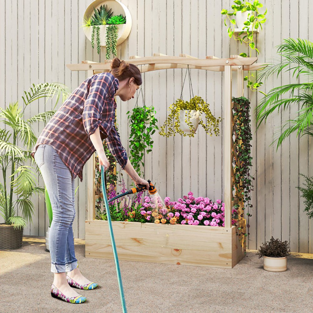 Wooden Raised Garden Bed with Trellis & Roof – Elevated Planter Box for Climbing Plants | Outdoor Garden Decor